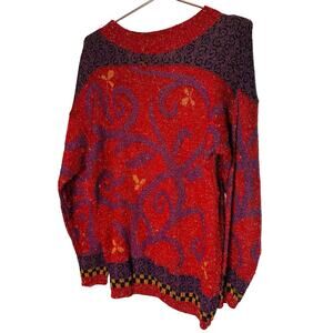 Vintage Manisha 90s Red Purple Silver Crewneck Holiday Sweater Size Medium